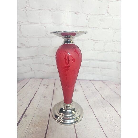 Christmas Pillar Candle Holder Ruby Red Etched Glass Holly Chrome Heavy Quality - Picture 1 of 5